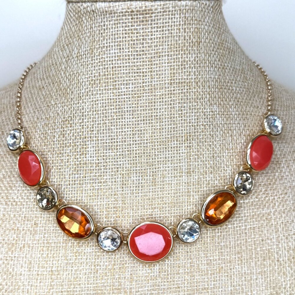 Monet Statement Necklace Gold-Tone With Red Orange & Clear Cabochon & Crystal St